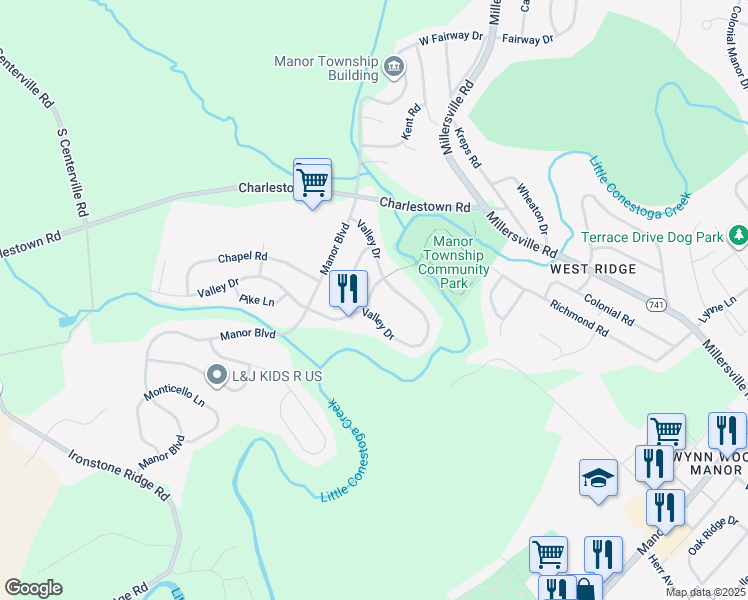 map of restaurants, bars, coffee shops, grocery stores, and more near 207 Brookline Road in Lancaster
