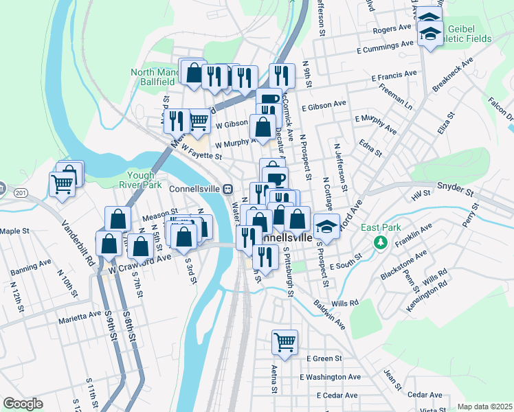 map of restaurants, bars, coffee shops, grocery stores, and more near 315 North Arch Street in Connellsville