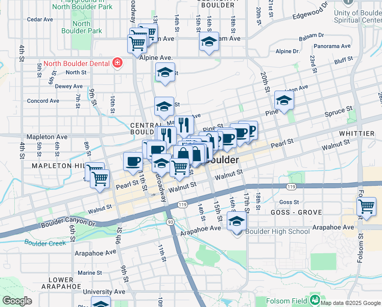 map of restaurants, bars, coffee shops, grocery stores, and more near 2040 14th Street in Boulder