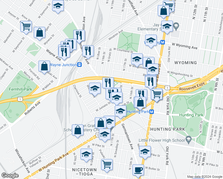 map of restaurants, bars, coffee shops, grocery stores, and more near 1755 Saint Paul Street in Philadelphia