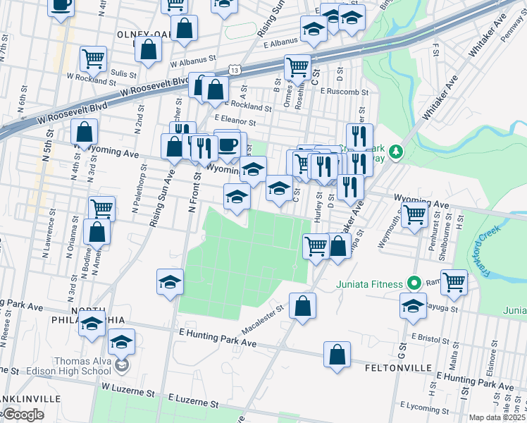 map of restaurants, bars, coffee shops, grocery stores, and more near 300 East Wyoming Avenue in Philadelphia