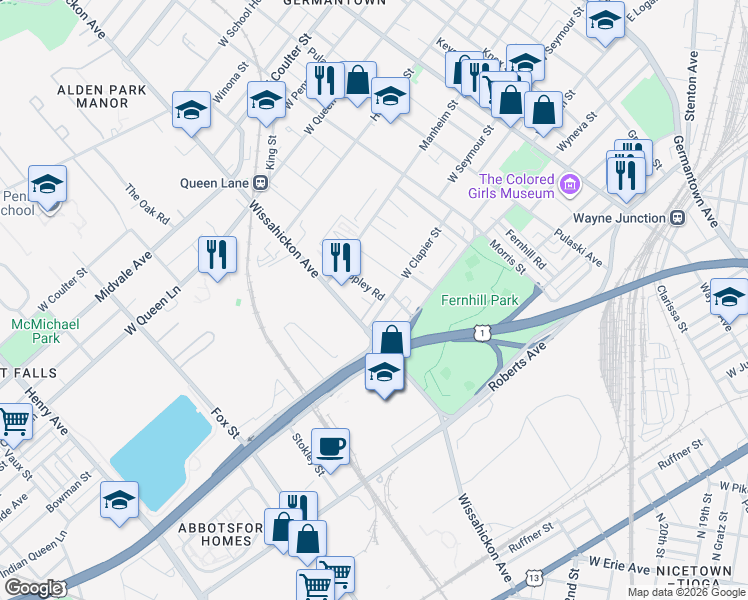 map of restaurants, bars, coffee shops, grocery stores, and more near 5010 Schuyler Street in Philadelphia