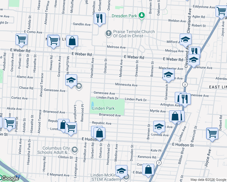 map of restaurants, bars, coffee shops, grocery stores, and more near 1333 Minnesota Avenue in Columbus