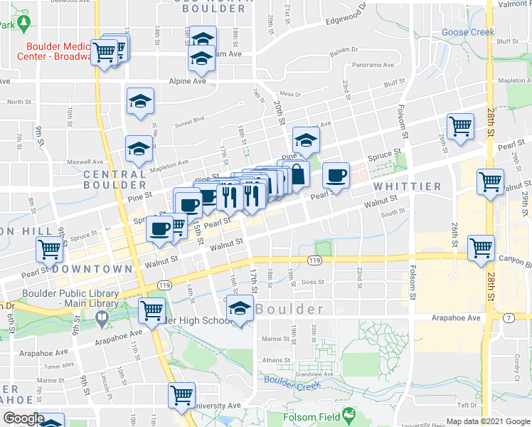 map of restaurants, bars, coffee shops, grocery stores, and more near 1825 Pearl Street in Boulder