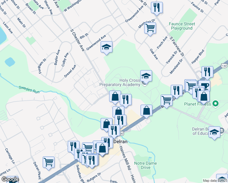 map of restaurants, bars, coffee shops, grocery stores, and more near 943-945 South Chester Avenue in Delran