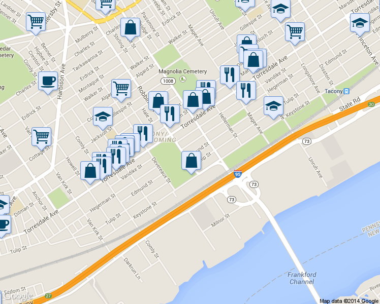 map of restaurants, bars, coffee shops, grocery stores, and more near 6316 Hegerman Street in Philadelphia