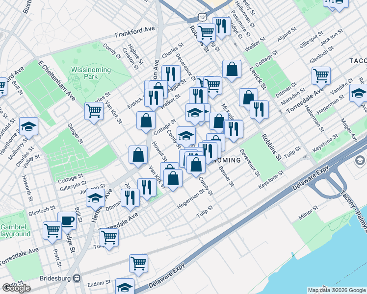 map of restaurants, bars, coffee shops, grocery stores, and more near 4505-7 Higbee Street in Philadelphia