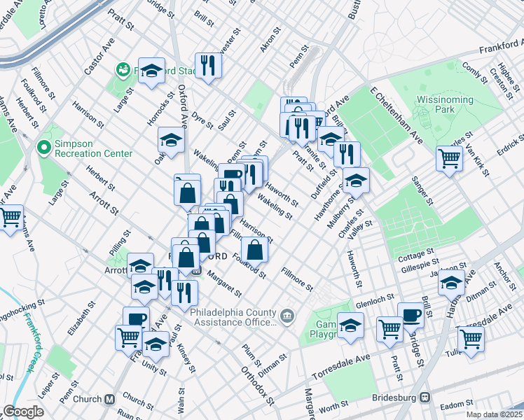 map of restaurants, bars, coffee shops, grocery stores, and more near 1623 Wakeling Street in Philadelphia
