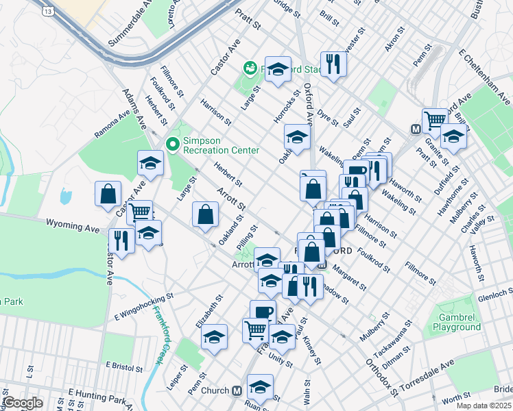 map of restaurants, bars, coffee shops, grocery stores, and more near 1218 Herbert Street in Philadelphia