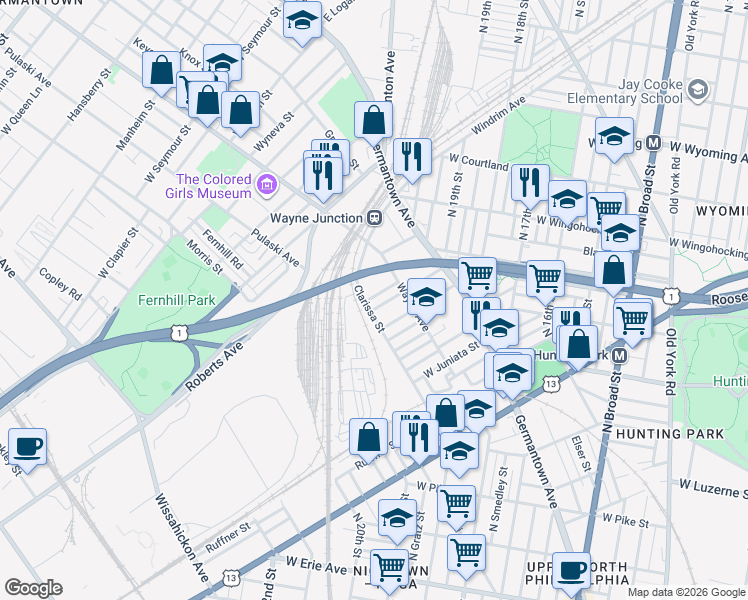 map of restaurants, bars, coffee shops, grocery stores, and more near 4400 Wayne Avenue in Philadelphia