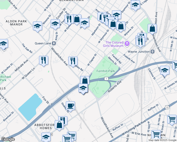 map of restaurants, bars, coffee shops, grocery stores, and more near 4919 Laurens Street in Philadelphia