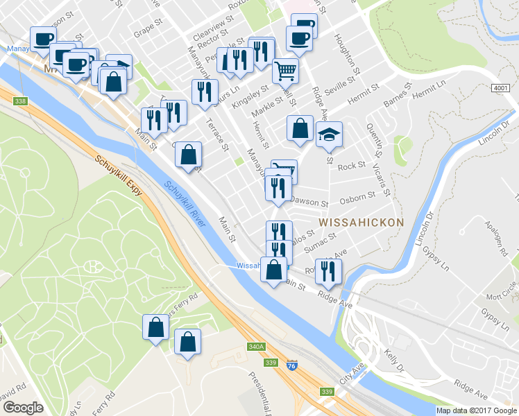 map of restaurants, bars, coffee shops, grocery stores, and more near 3816 Manor Street in Philadelphia