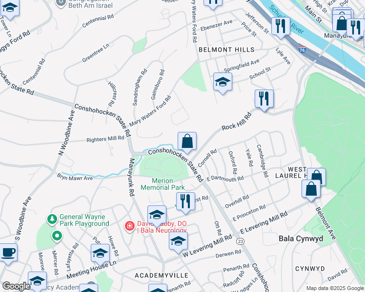 map of restaurants, bars, coffee shops, grocery stores, and more near 120 Harvest Circle in Bala Cynwyd
