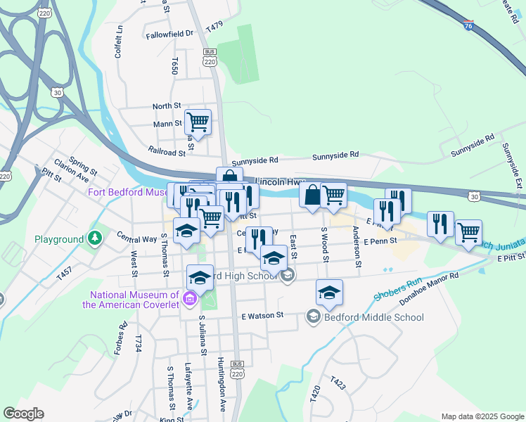map of restaurants, bars, coffee shops, grocery stores, and more near 301 East Pitt Street in Bedford