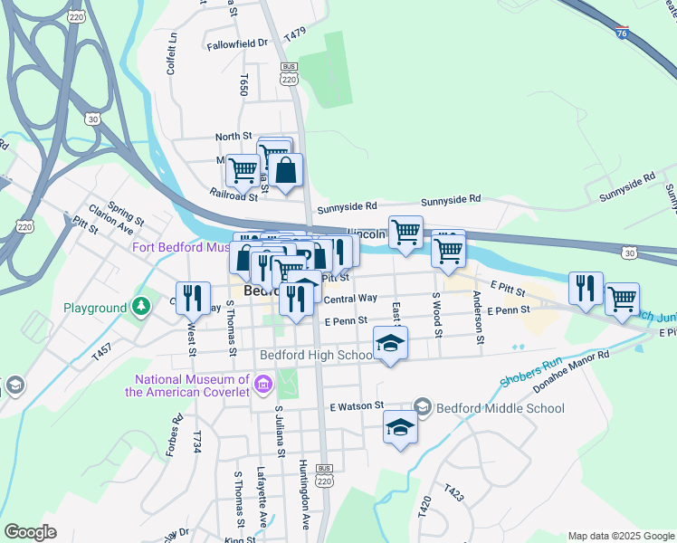 map of restaurants, bars, coffee shops, grocery stores, and more near 225 East Pitt Street in Bedford