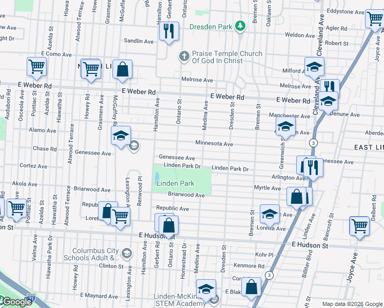 map of restaurants, bars, coffee shops, grocery stores, and more near 1333 Minnesota Avenue in Columbus