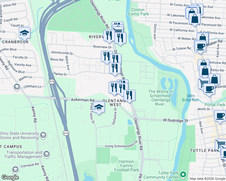 map of restaurants, bars, coffee shops, grocery stores, and more near 2917 Olentangy River Road in Columbus