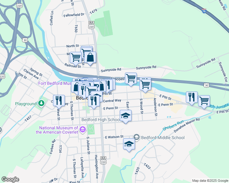 map of restaurants, bars, coffee shops, grocery stores, and more near 301 East Pitt Street in Bedford
