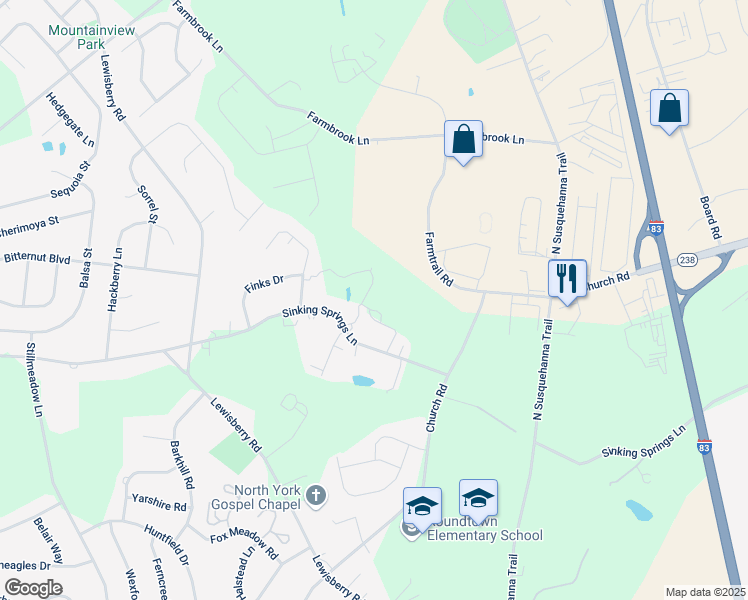 map of restaurants, bars, coffee shops, grocery stores, and more near 636 Sinking Springs Lane in York