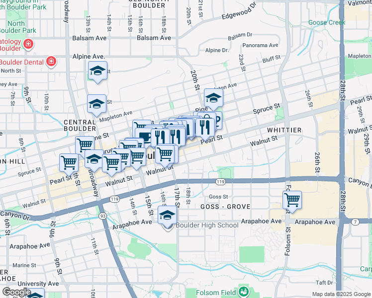 map of restaurants, bars, coffee shops, grocery stores, and more near 1800 Pearl Street in Boulder