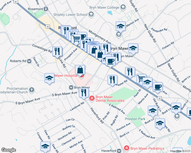 map of restaurants, bars, coffee shops, grocery stores, and more near Old Lancaster Road in Bryn Mawr