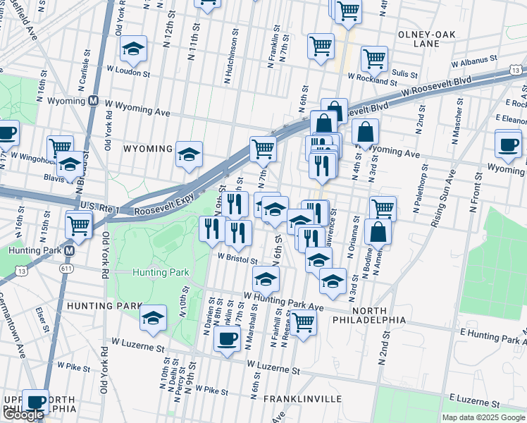 map of restaurants, bars, coffee shops, grocery stores, and more near 4434 North Marshall Street in Philadelphia