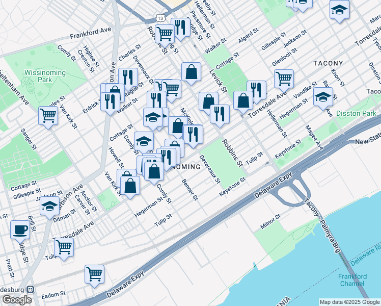 map of restaurants, bars, coffee shops, grocery stores, and more near 6136 Torresdale Avenue in Philadelphia