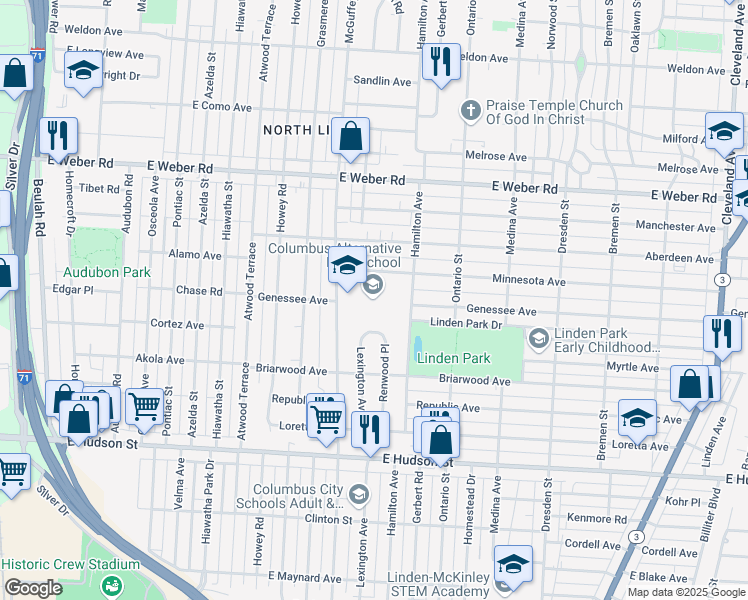 map of restaurants, bars, coffee shops, grocery stores, and more near 2632 Mcguffey Road in Columbus