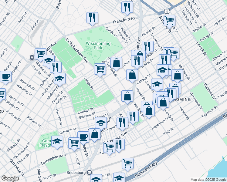 map of restaurants, bars, coffee shops, grocery stores, and more near 5717 Walker Street in Philadelphia