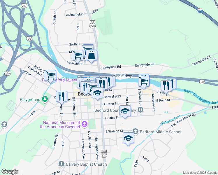 map of restaurants, bars, coffee shops, grocery stores, and more near 233 East Pitt Street in Bedford