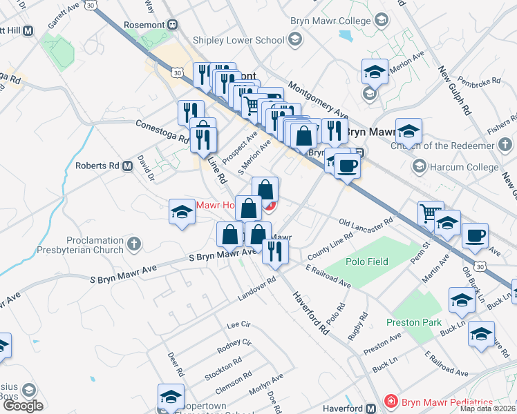 map of restaurants, bars, coffee shops, grocery stores, and more near 130 South Bryn Mawr Avenue in Bryn Mawr