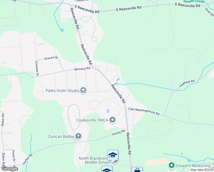map of restaurants, bars, coffee shops, grocery stores, and more near 555 Reeceville Road in Coatesville