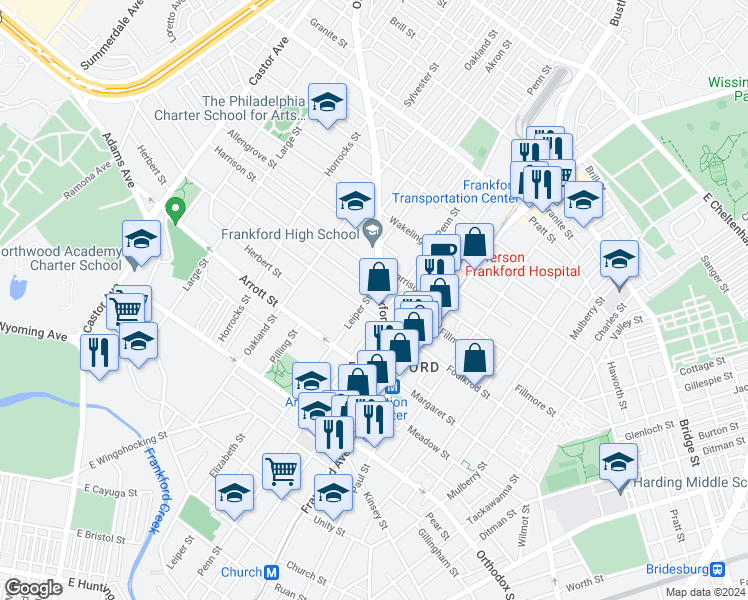 map of restaurants, bars, coffee shops, grocery stores, and more near 4813 Leiper Street in Philadelphia