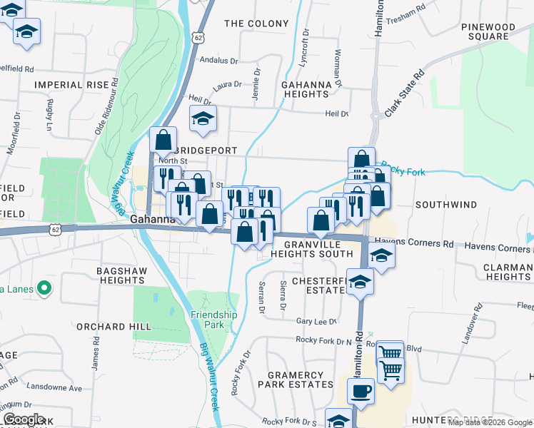 map of restaurants, bars, coffee shops, grocery stores, and more near 246 Ohio 317 in Gahanna