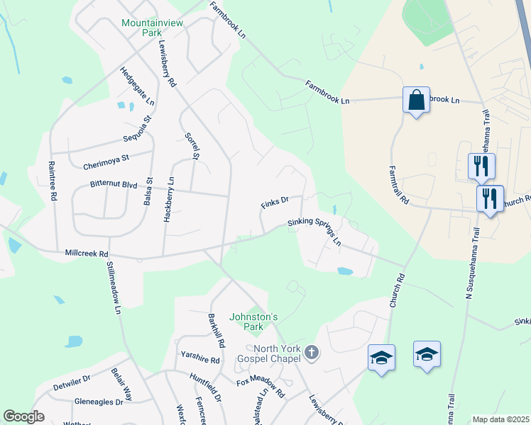 map of restaurants, bars, coffee shops, grocery stores, and more near 785 Finks Drive in York
