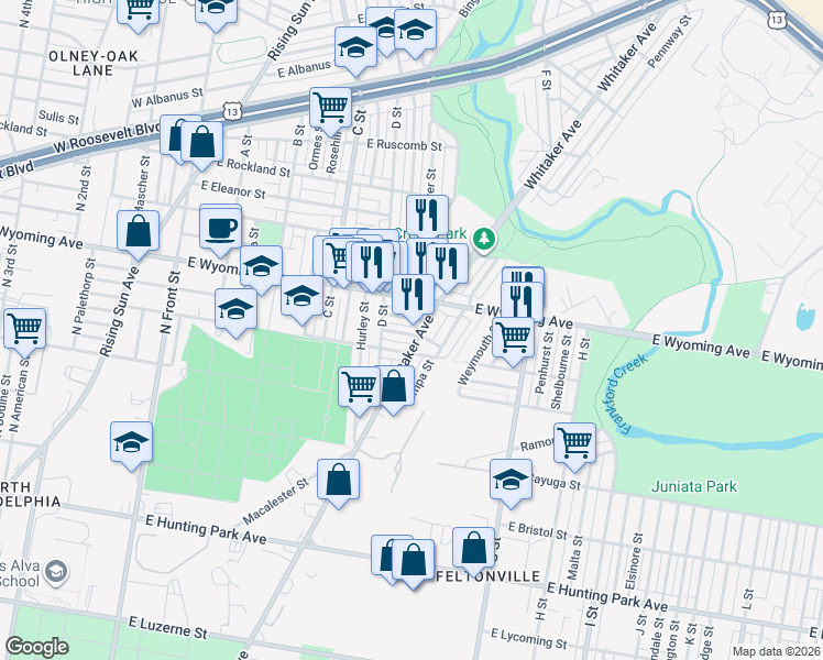 map of restaurants, bars, coffee shops, grocery stores, and more near 523 East Luray Street in Philadelphia