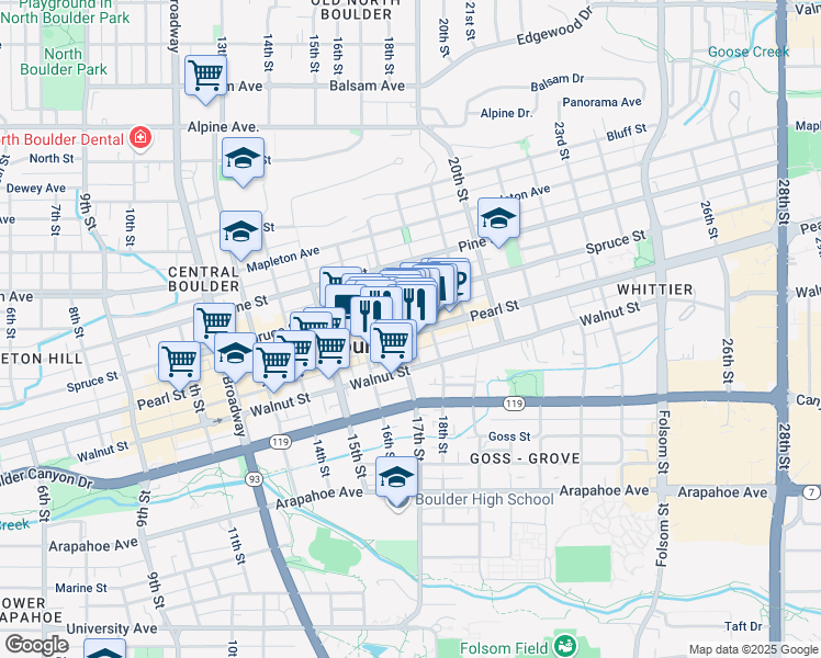 map of restaurants, bars, coffee shops, grocery stores, and more near 1722 Spruce Street in Boulder
