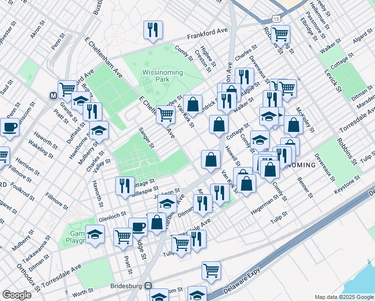 map of restaurants, bars, coffee shops, grocery stores, and more near 4315 East Cheltenham Avenue in Philadelphia