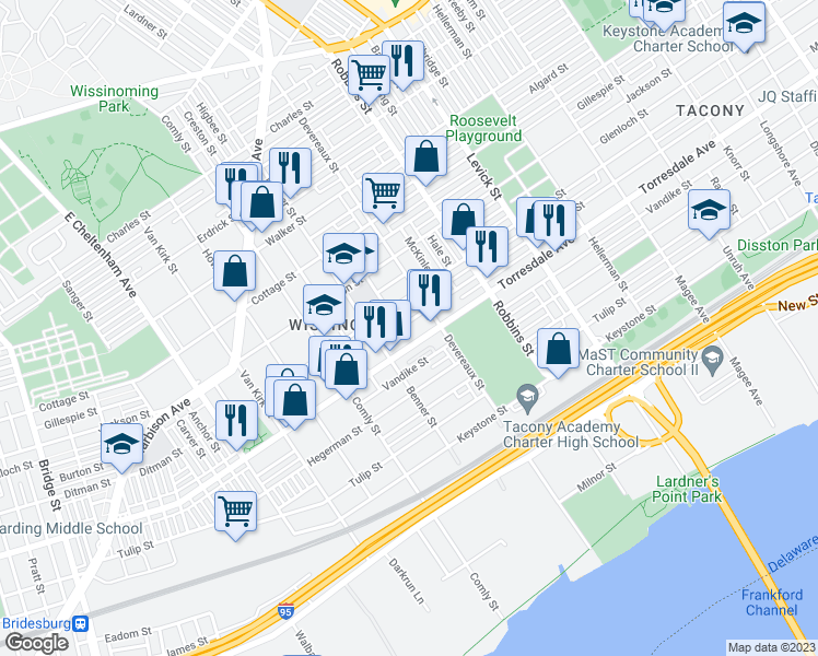map of restaurants, bars, coffee shops, grocery stores, and more near 6129 Marsden Street in Philadelphia