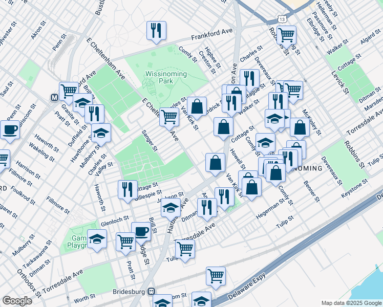 map of restaurants, bars, coffee shops, grocery stores, and more near 4315 East Cheltenham Avenue in Philadelphia