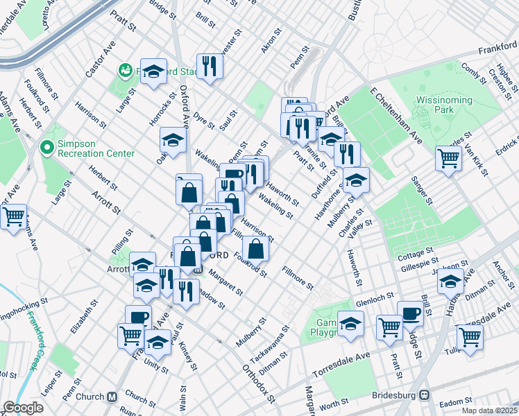 map of restaurants, bars, coffee shops, grocery stores, and more near 1629 Allengrove Street in Philadelphia