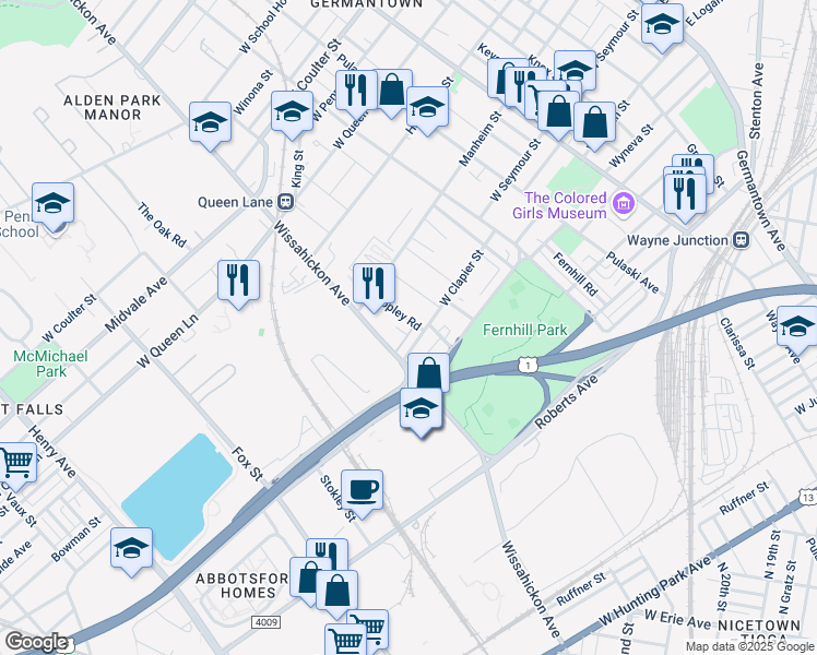 map of restaurants, bars, coffee shops, grocery stores, and more near 5012 Copley Road in Philadelphia