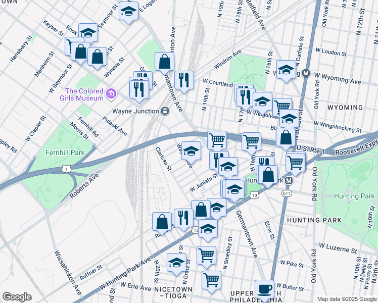 map of restaurants, bars, coffee shops, grocery stores, and more near 1949 Rowan Street in Philadelphia