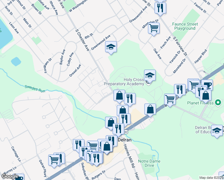 map of restaurants, bars, coffee shops, grocery stores, and more near 943 South Chester Avenue in Delran