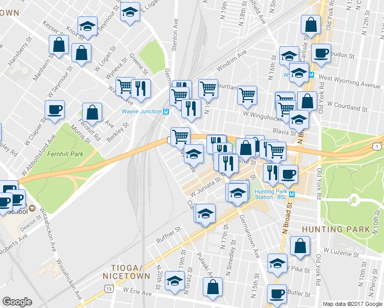 map of restaurants, bars, coffee shops, grocery stores, and more near 1947 Rowan Street in Philadelphia