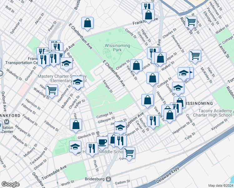 map of restaurants, bars, coffee shops, grocery stores, and more near 5411 Montague Street in Philadelphia