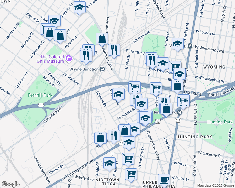 map of restaurants, bars, coffee shops, grocery stores, and more near 1947 Rowan Street in Philadelphia