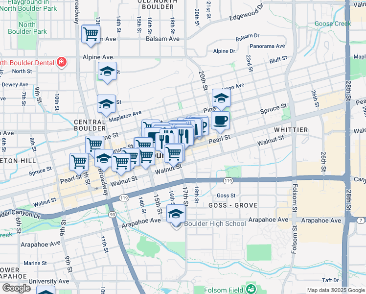 map of restaurants, bars, coffee shops, grocery stores, and more near 1719 Pearl Street in Boulder