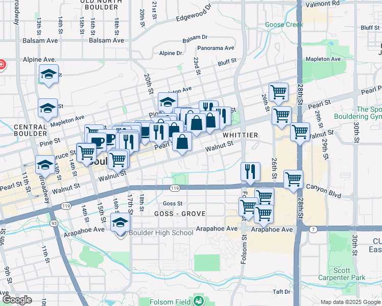 map of restaurants, bars, coffee shops, grocery stores, and more near in Boulder