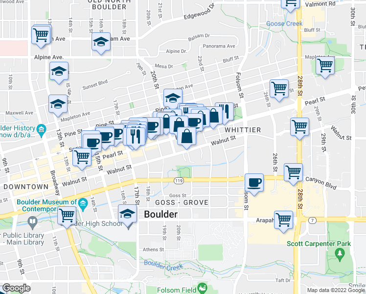 map of restaurants, bars, coffee shops, grocery stores, and more near 2060 Pearl Street in Boulder